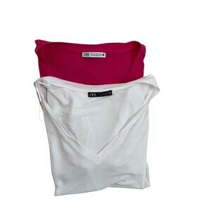 Bundle Of Two Zara V-Neck Tees In White & Fuchsia
